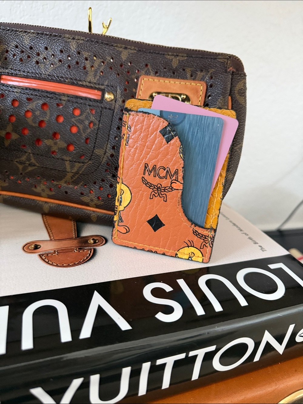 MCM orangish brown and Yellow Monogram Leather Card Sleeve